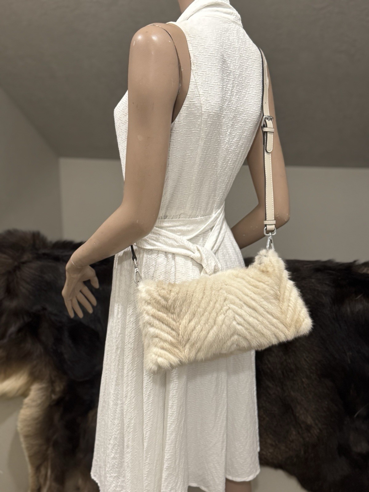 Cream Real Mink Fur Handmade Soft Slouchy Bag/Clutch/Shoulder Bag/Crossbody
