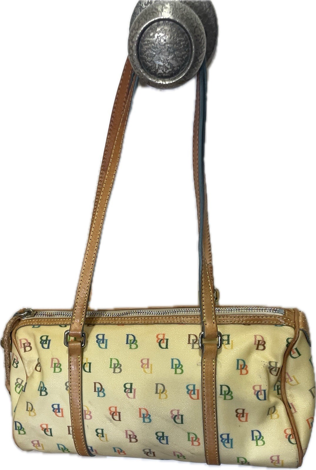 Dooney & Bourke Beige/Yellow Multicolor Logo Shoulder Bag Brown Strap Zip Charm