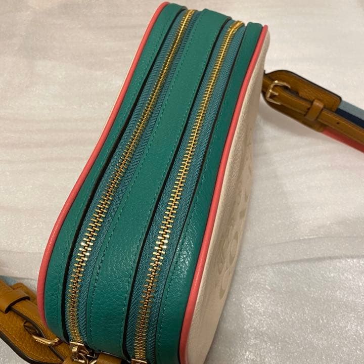 COACH Jes Double Zip Camera Bag Chalk Pebble Leather Rainbow Strap 9.6×6.3 inch