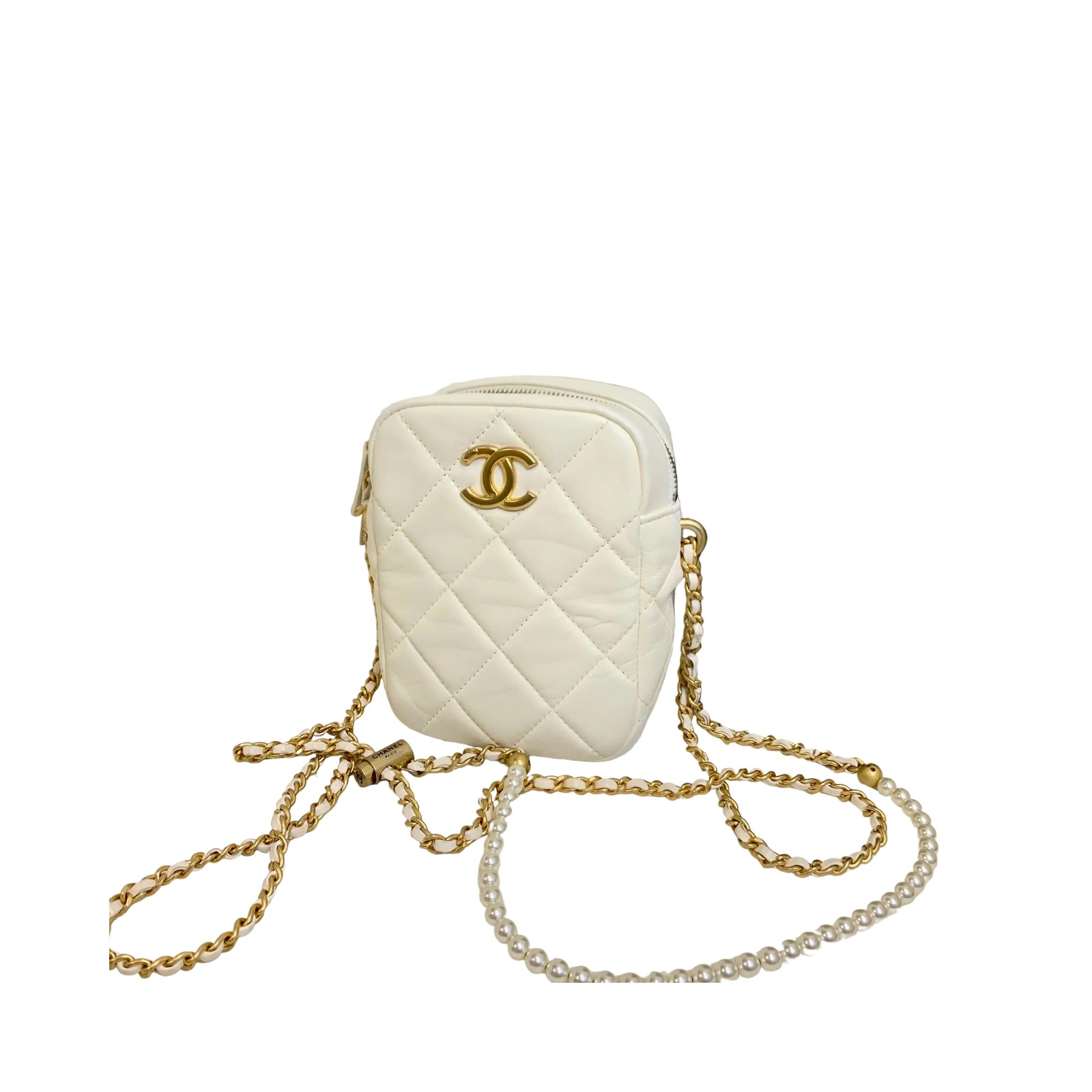 Chanel 21K Pearl Camera White Lambskin Leather Pearl Camera Bag Pre-Owned