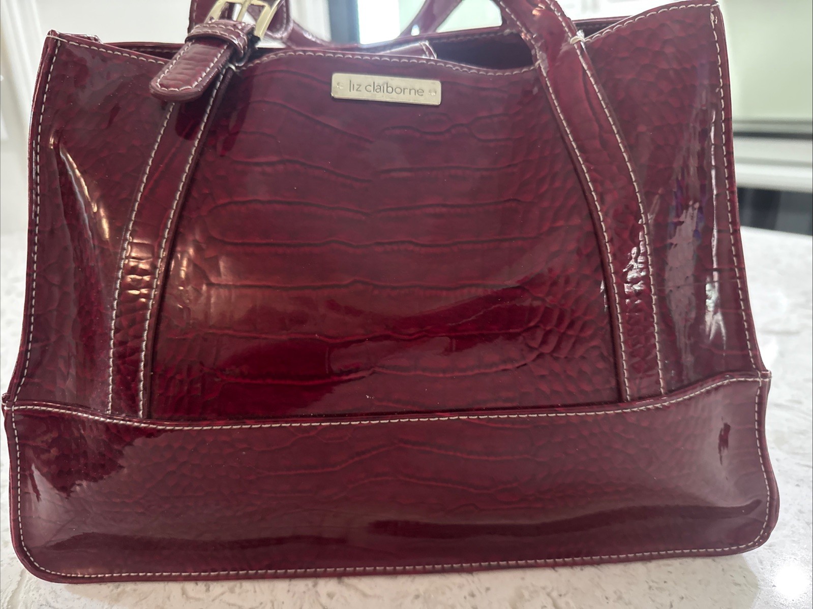 Liz Claiborne Handbag Red Wine Burgundy Faux Patent Leather Alligator Embossed