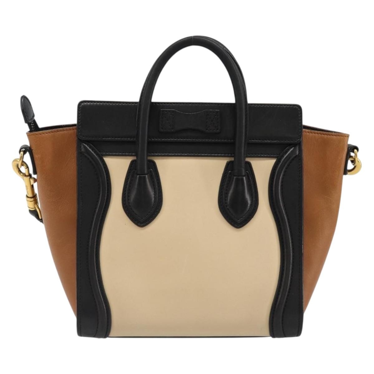 CELINE Luggage Nano Micro Mini Hand Bag Leather 2way Beige Gold Auth ka4812V