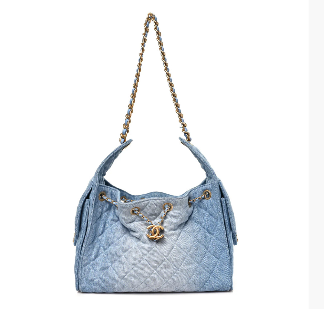 CHANEL Blue Washed Quilted Denim/Gold-Tone Hardware ‘Chanel 25’ Small Handbag