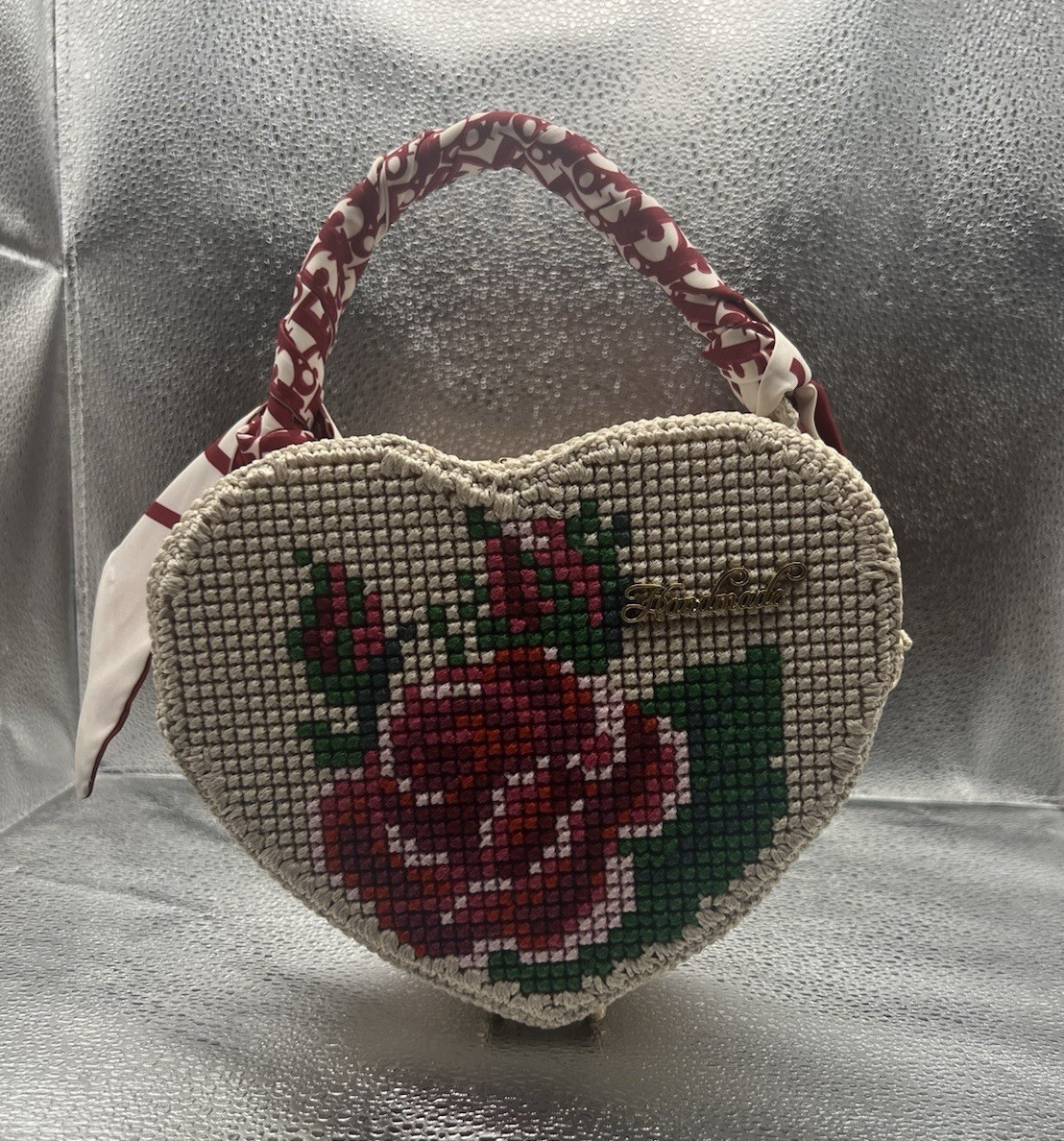 Handmade Heart Shaped Floral Rose Top Handle Bag Zip Lined Detachable Strap