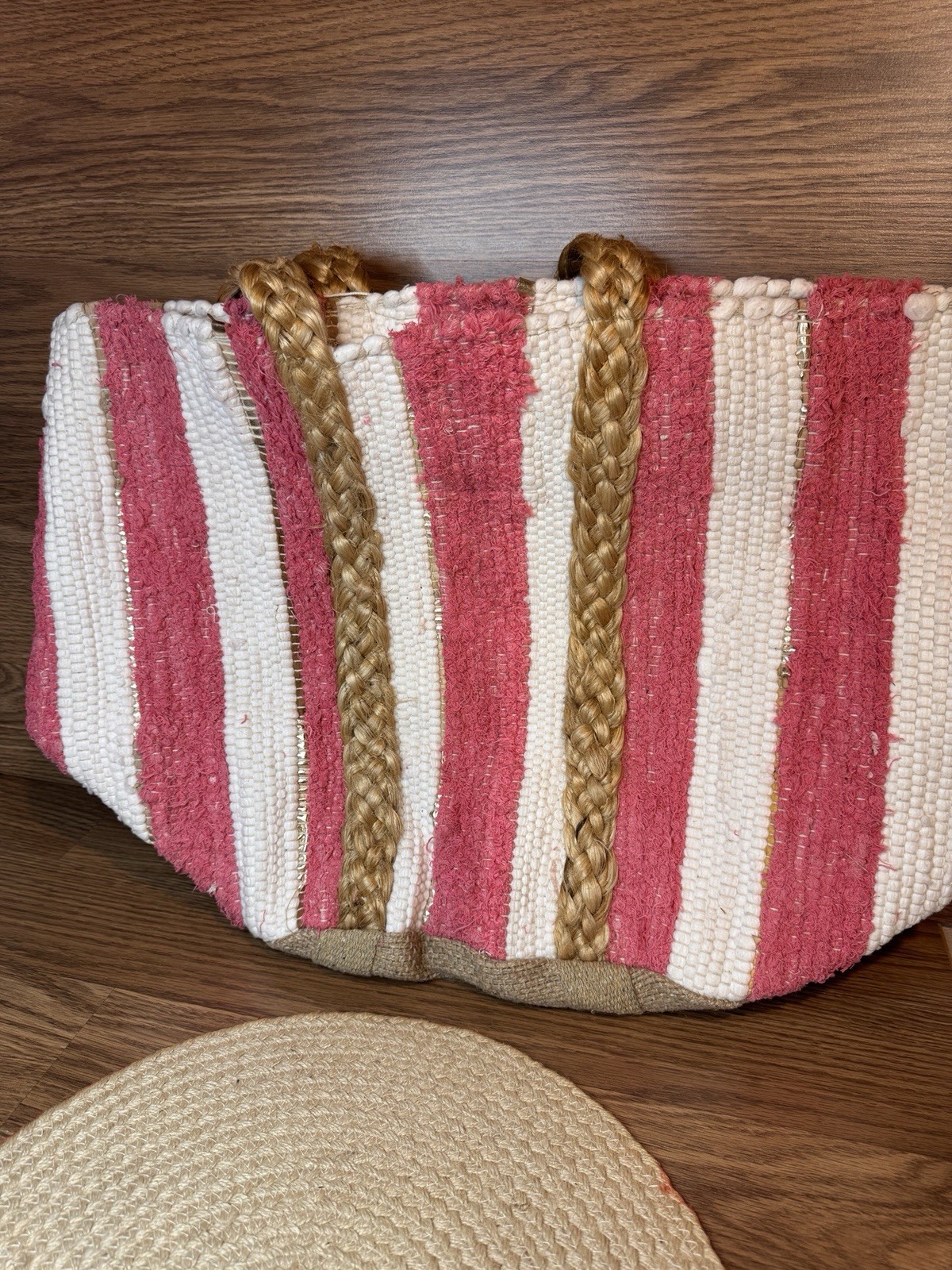 POL Pink And White Striped XL Jute Beach Tote NWT