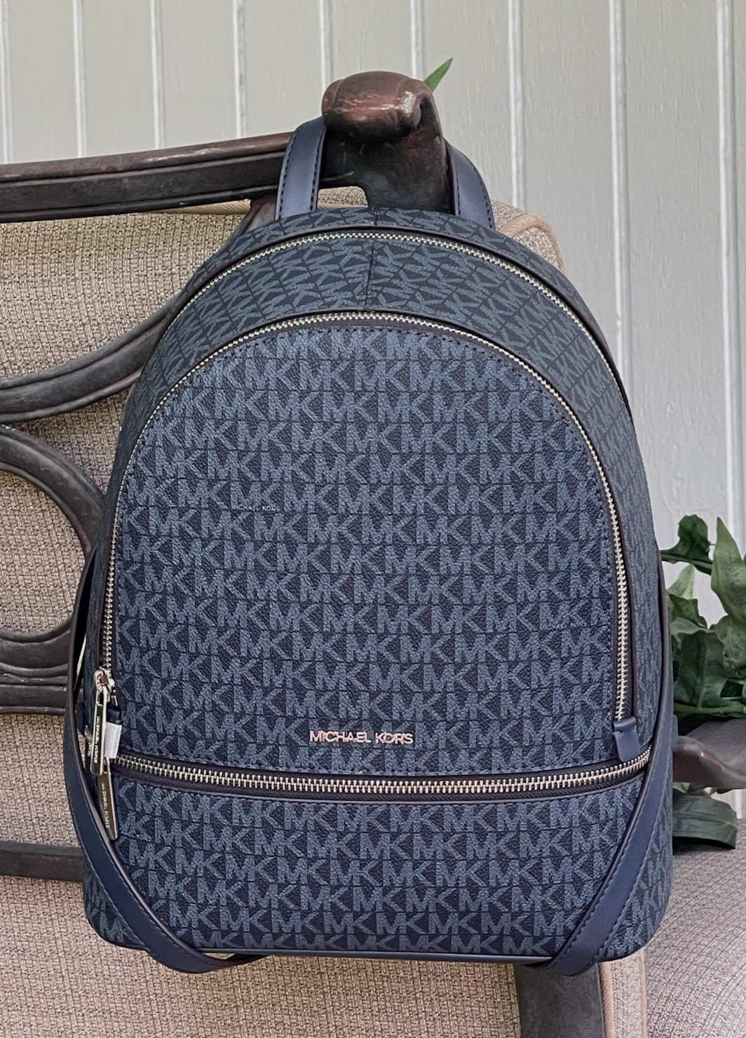 MICHAEL KORS RHEA MEDIUM ZIP BACKPACK MK NAVY BLUE BAG TRAVEL TOTE LOGO SILVER