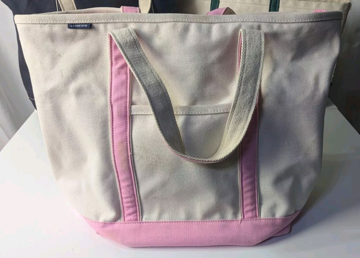 Lot 3 Vintage Lands End + Other Canvas Boat Bag Tote Beach Pink/Blue/Green LARGE