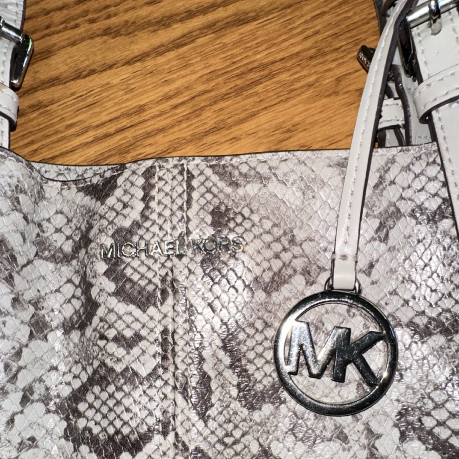 Michael Kors Gray Snake Print Tote Shoulder Bag MK Charm Snap Lined Pockets