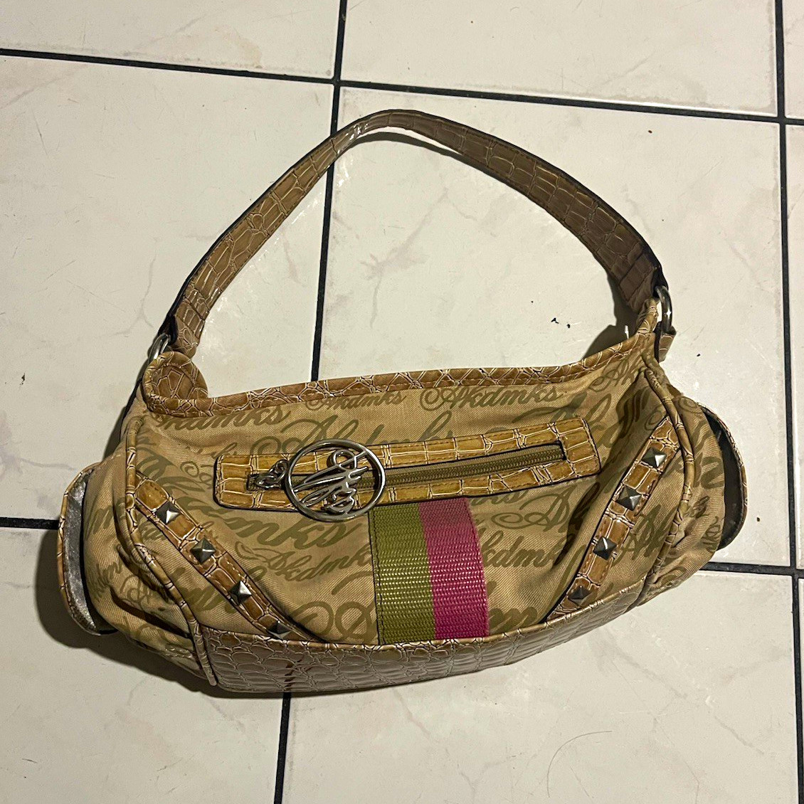 A. Calmk’s Beige Logo Shoulder Bag Zip Top Detachable Strap Silver Hardware