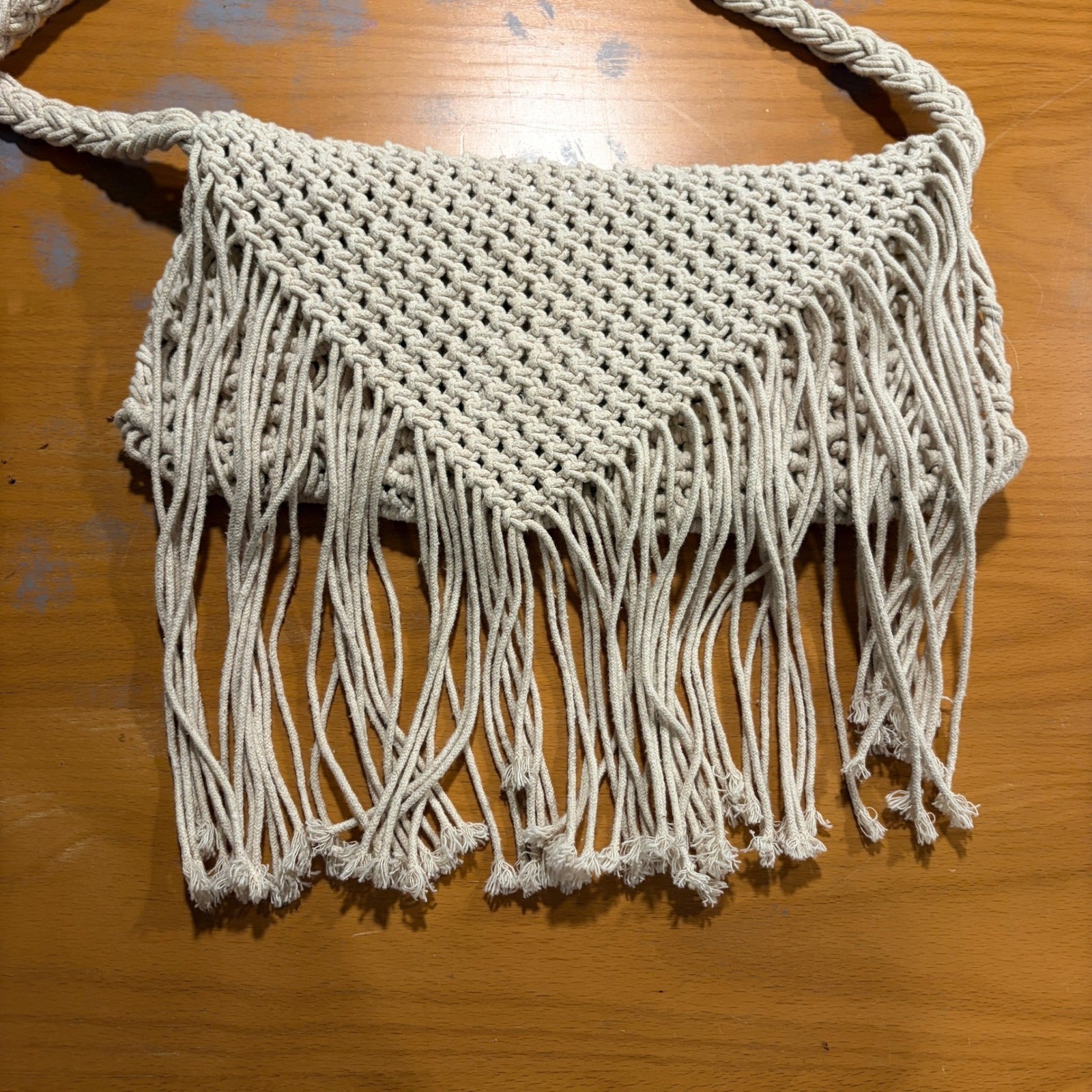 Crosstree Lane Macrame Fringe Crossbody Bag Beige Cotton Boho Hippie Cottage