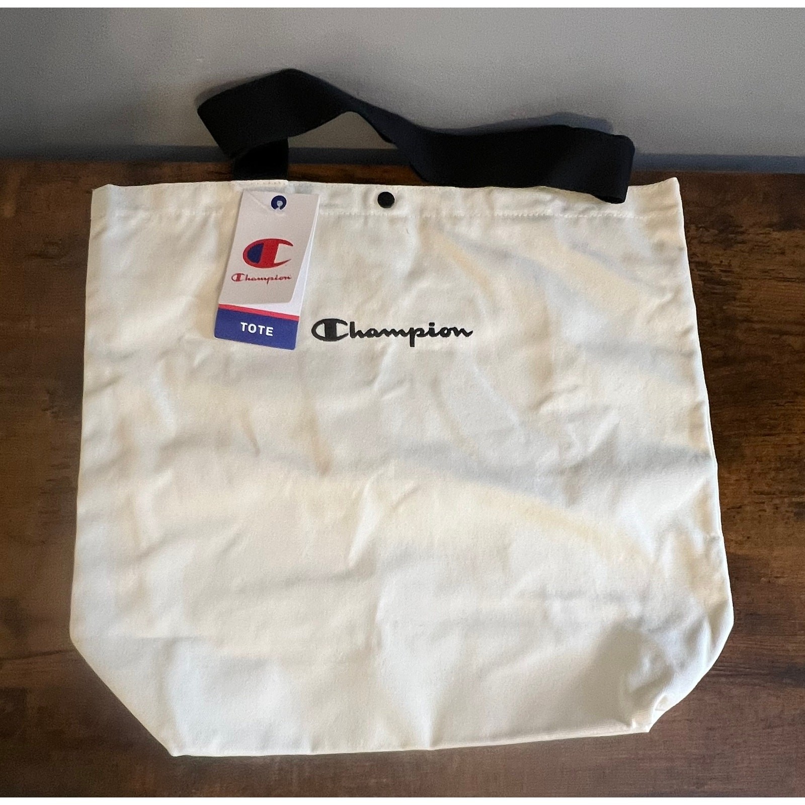 Champion Embroidered Logo Canvas Tote Bag in Cream w/ Handles Inside Pocket NWT