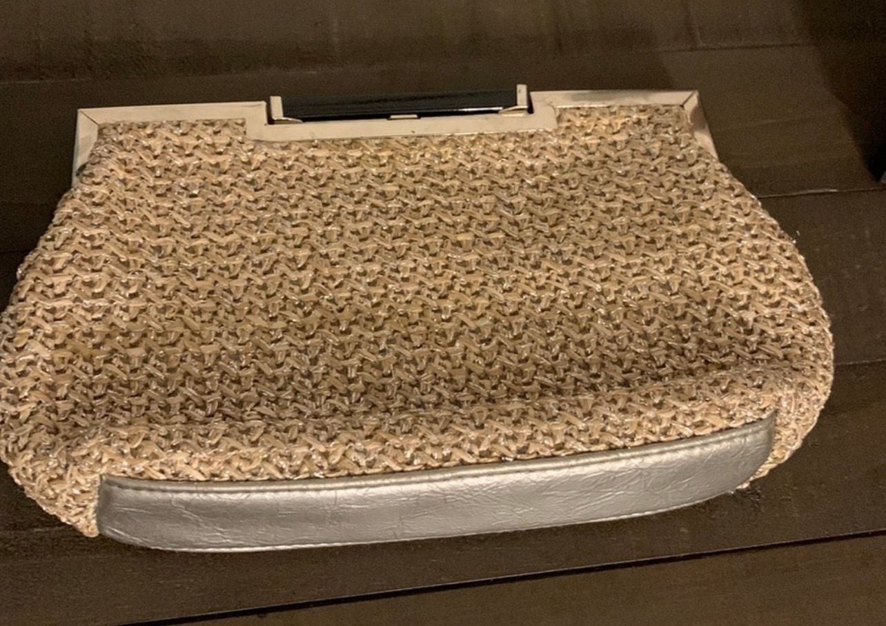 Bueno Woven Metallic Straw Evening Clutch with Silver Tone Chain and Frame