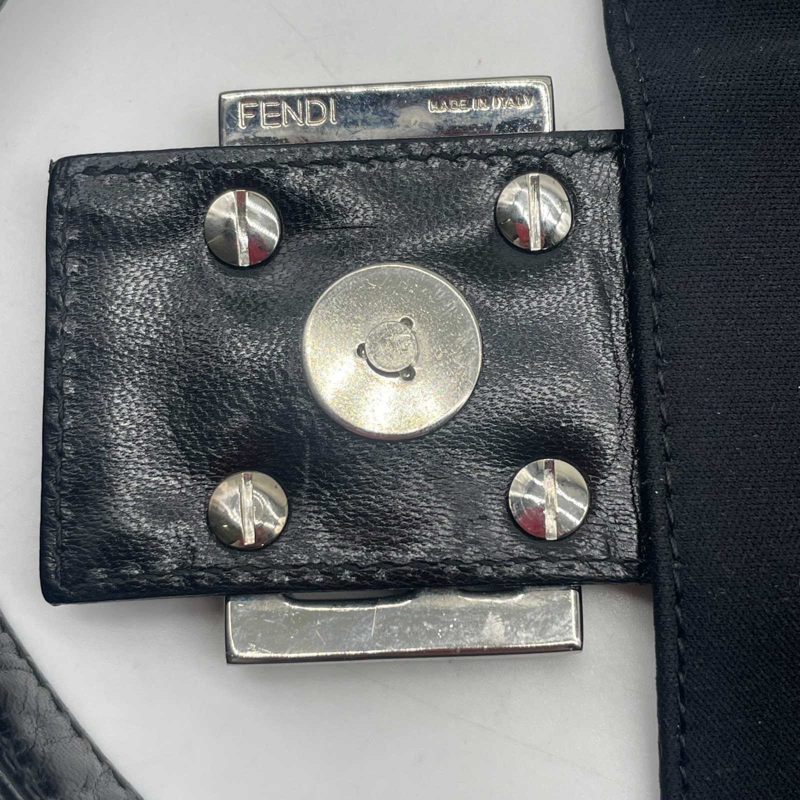 FENDI Shoulder bag Mamma Baguette FF logo Handbag Black Leather Cotton Auth