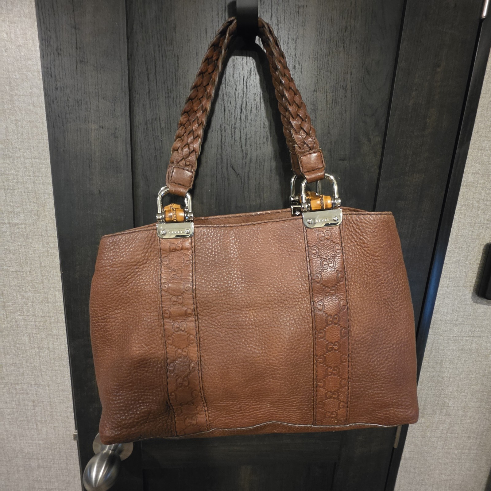 Gucci Brown Pebbled GG Pattern Shoulder Bag Braided Top Handle Silver HW