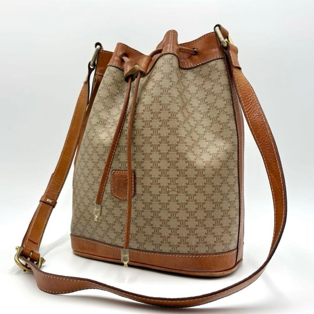 CELINE Triomphe Macadam PVC Drawstring Bucket Shoulder Bag Beige Vintage Auth