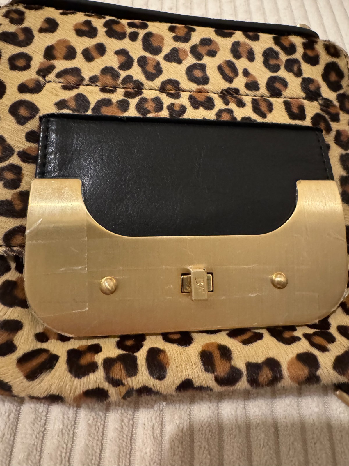 NWT DVF Harper Leopard Pony Hair & Leather Shoulder Bag Purse Gold Tassel