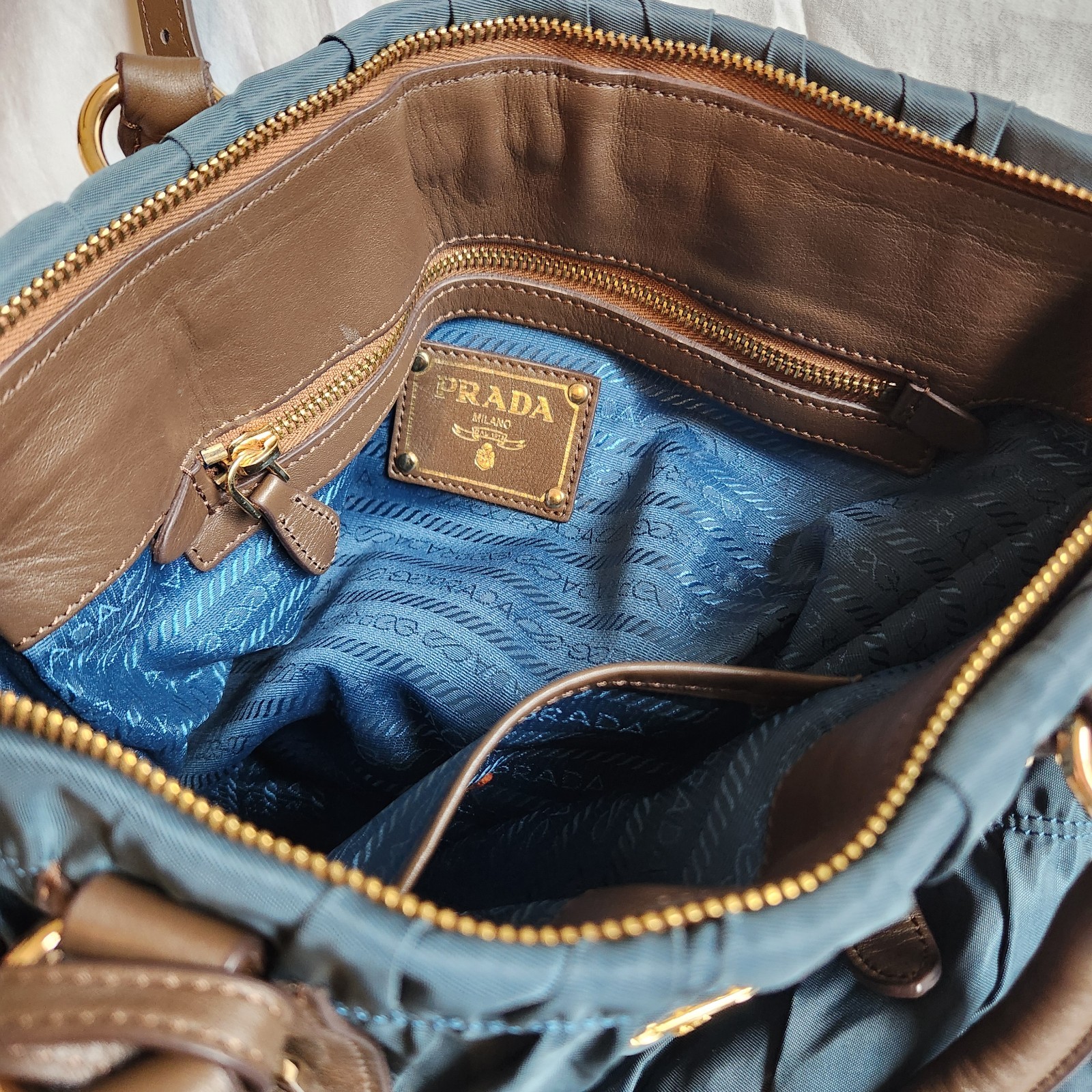 Prada Tessuto Gaufre Satchel Bag Blue Nylon Leather Gold Hardware Excellent Cond