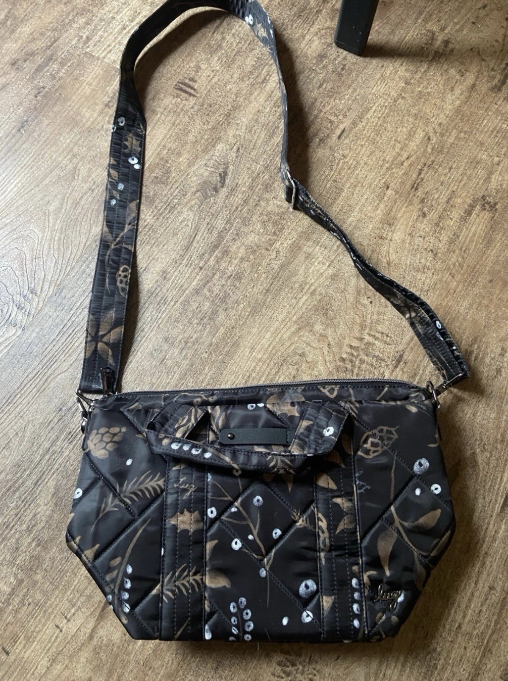 Lug Floral Print Crossbody Bag Black/Brown Zip Closure Detachable Strap Silver
