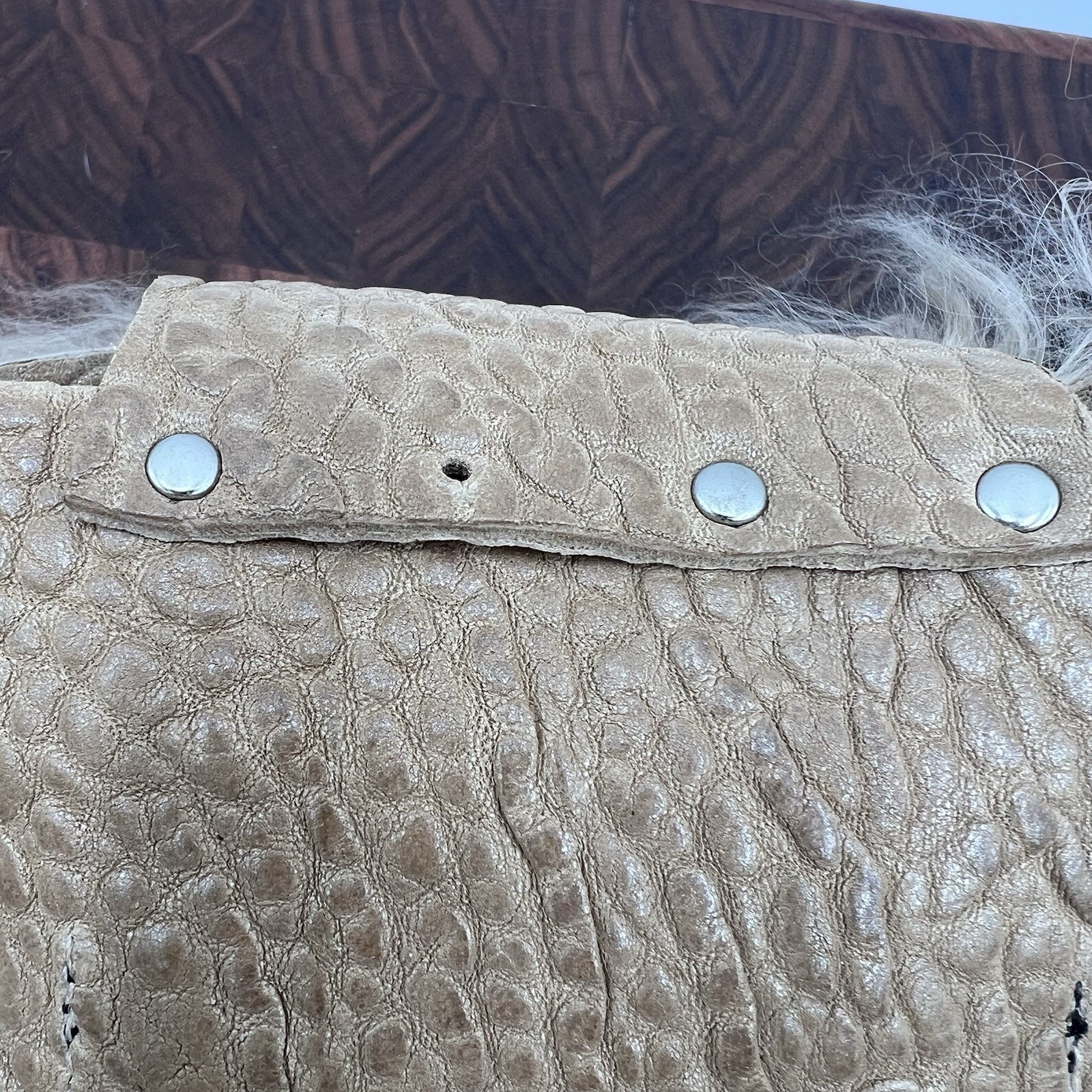 Evoke Real Lamb Mongolian Curly Fur Leather Purse Agate Stone Crossbody Chain