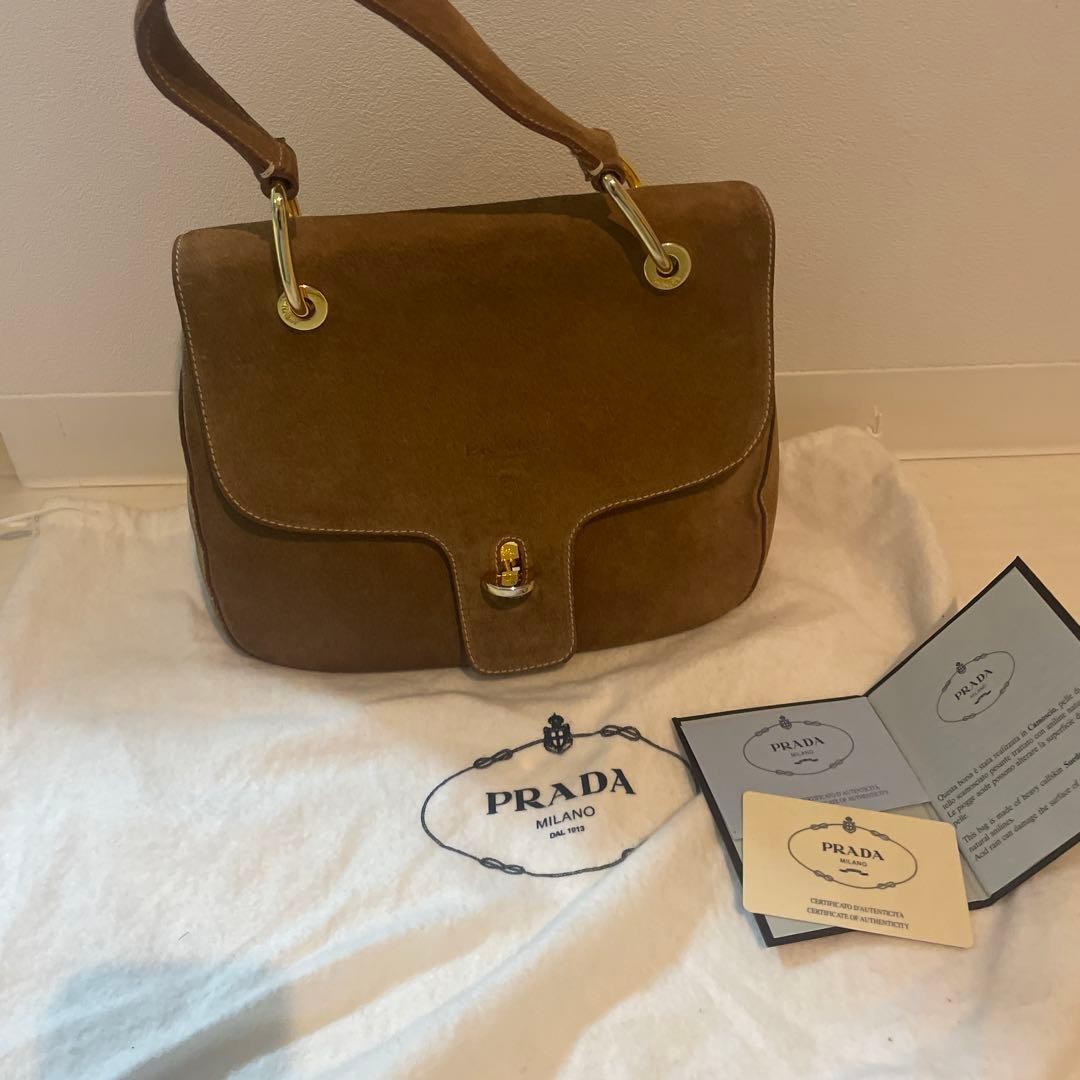 Authentic PRADA Suede Handbag 20×25×11cm Brown Authentic Used Condition