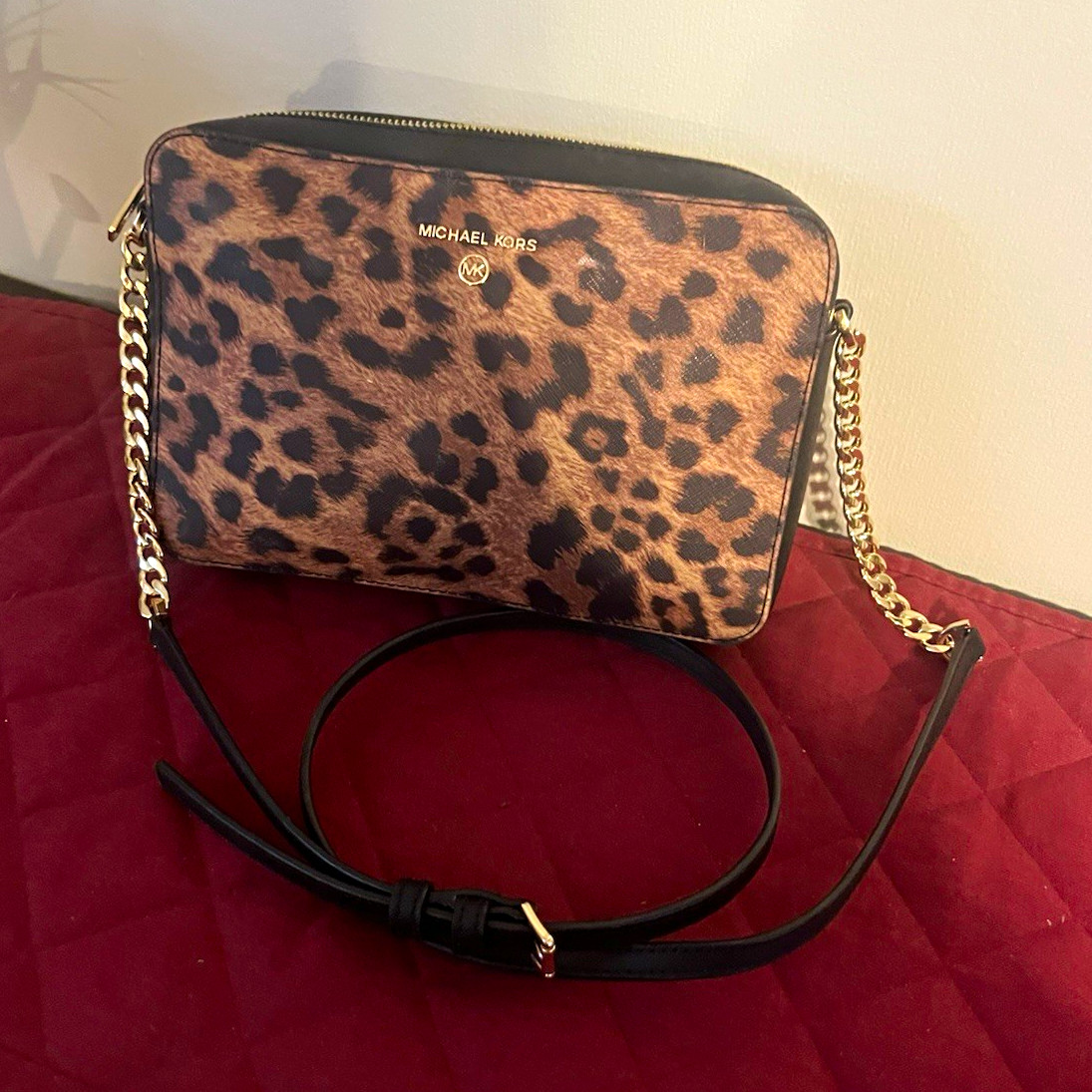 Michael Kors Leopard Animal Print Zip Small Crossbody Bag Brown/Black Gold Chain