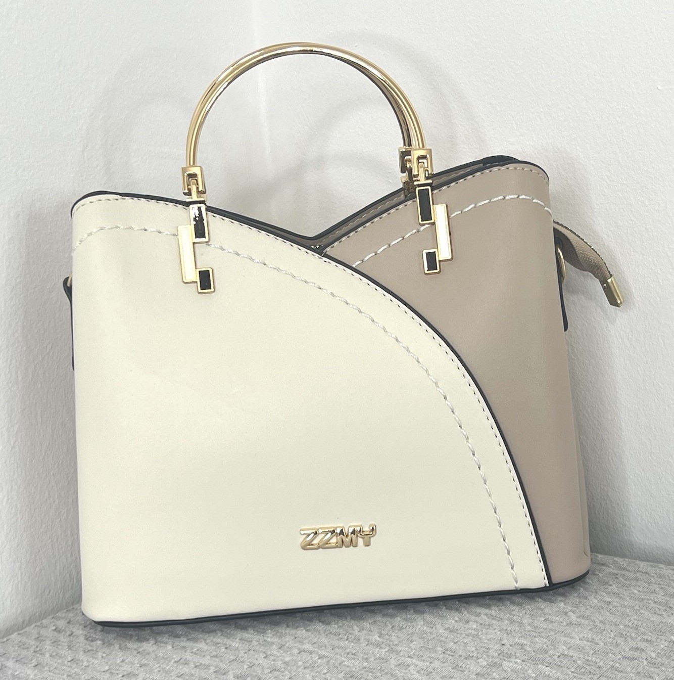 ZZMY Ivory Taupe Satchel Handbag Gold Handle Crossbody Purse Charm New