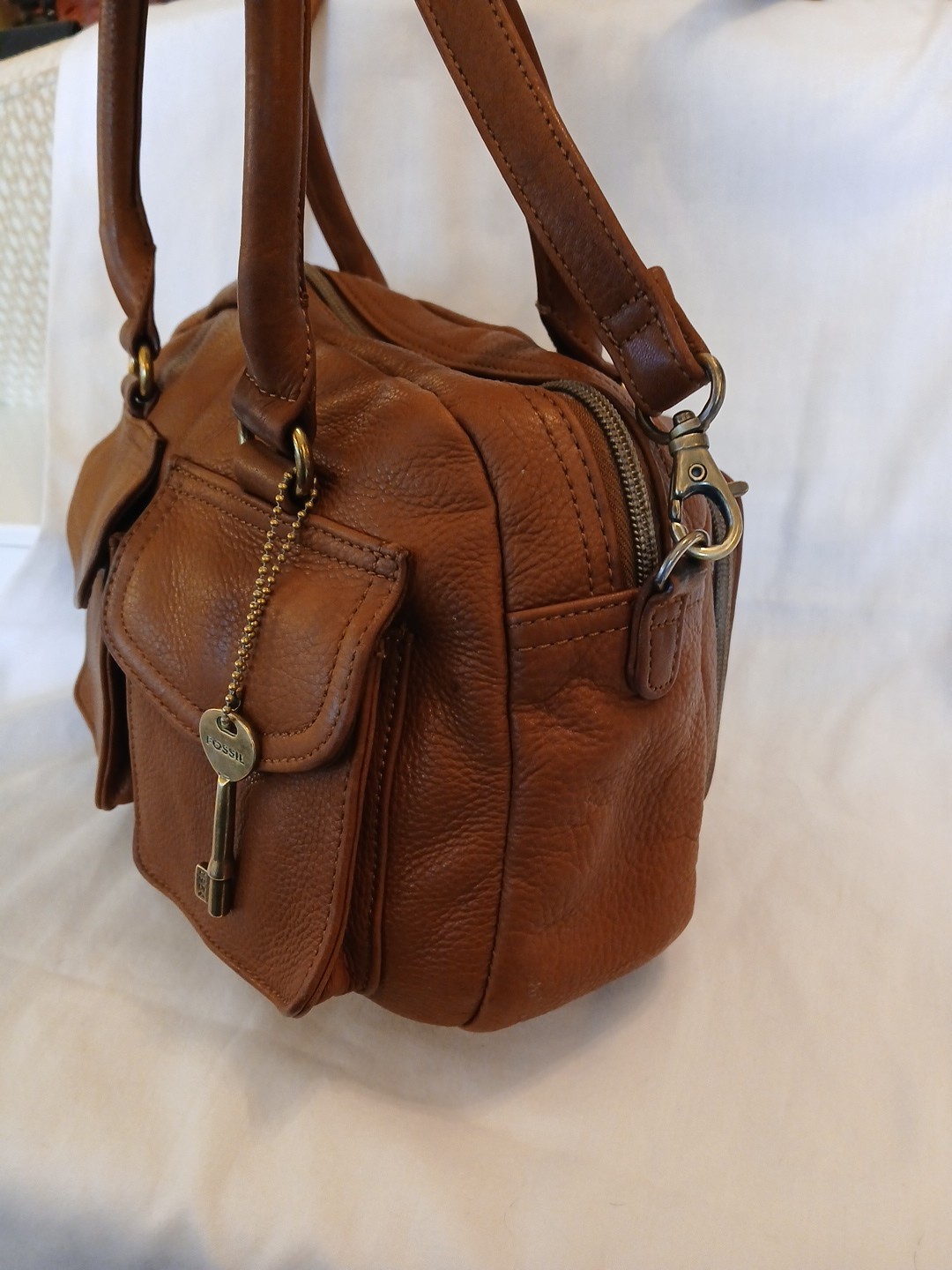 Fossil Brown Leather Cargo Saddlebag Double Handles w Extea Strap #75082 Purse