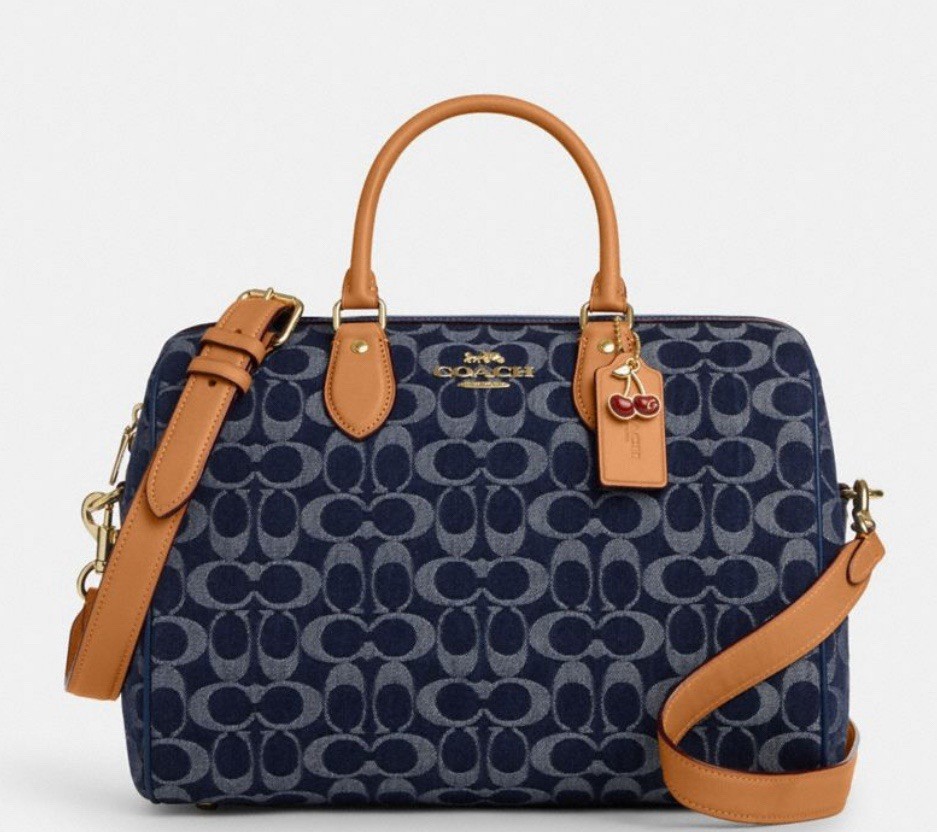 NWT Coach Rowan Large Satchel Bag In Signature Canvas In Denim With Cherry Charm