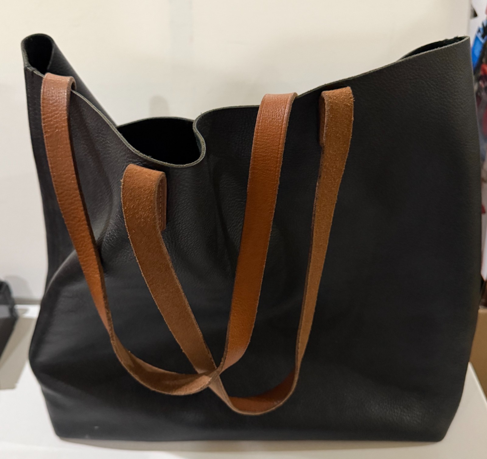 Madewell large transport leather tote bag women black with cognac handles soft