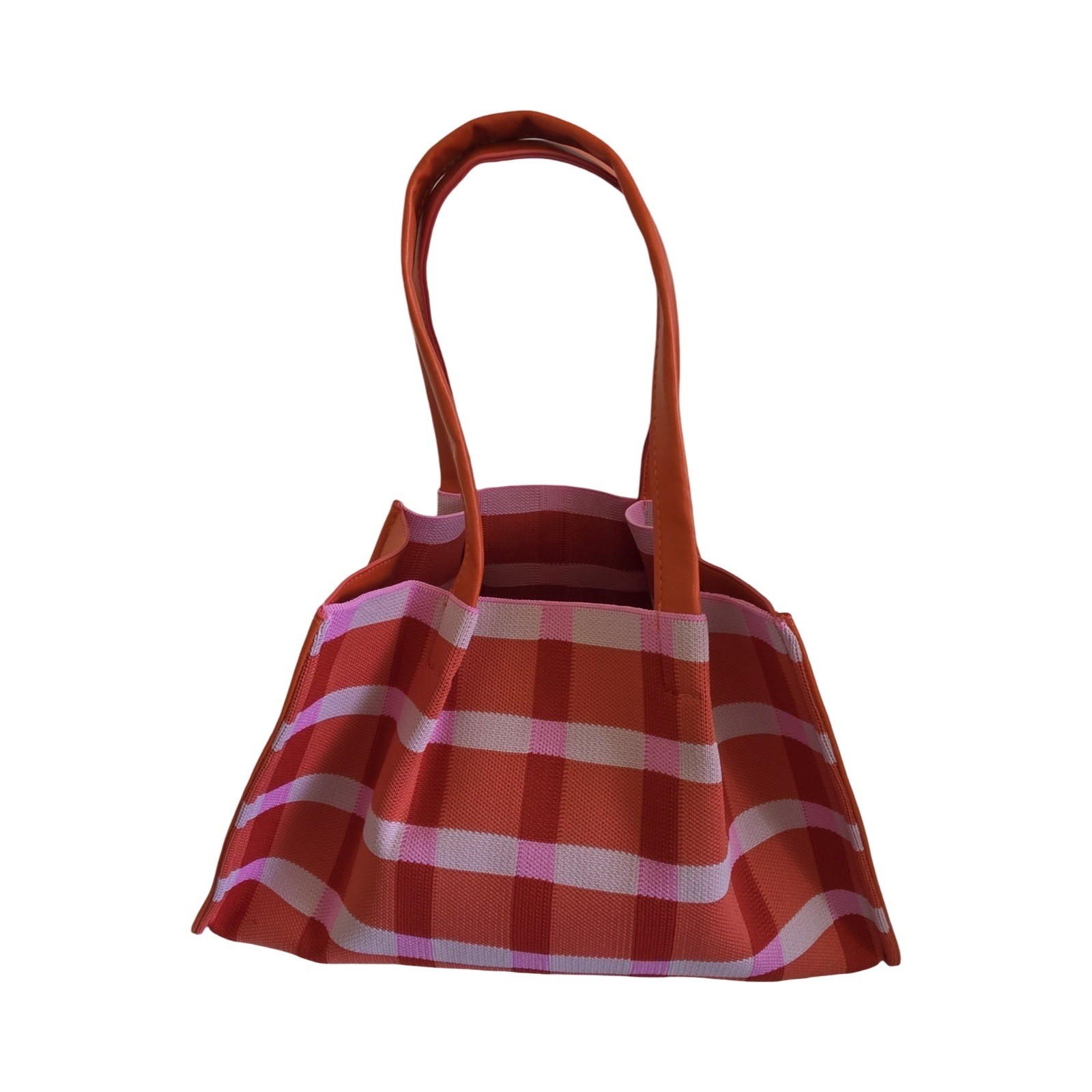 Neiman Marcus Gingham Knit Tote Bag Orange Pink Plaid Vegan Leather Trim New