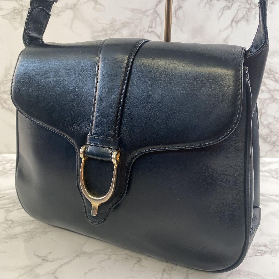 GUCCI Old Gucci Shoulder Bag Leather Navy Gold 11 x 8.7 x 2.8 inch Made in Italy