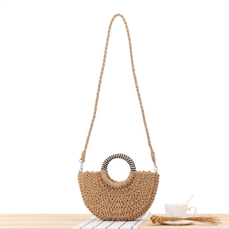 Womens Simple Semicircle Straw Handbag Shell Decoration One-shoulder Beach Bag
