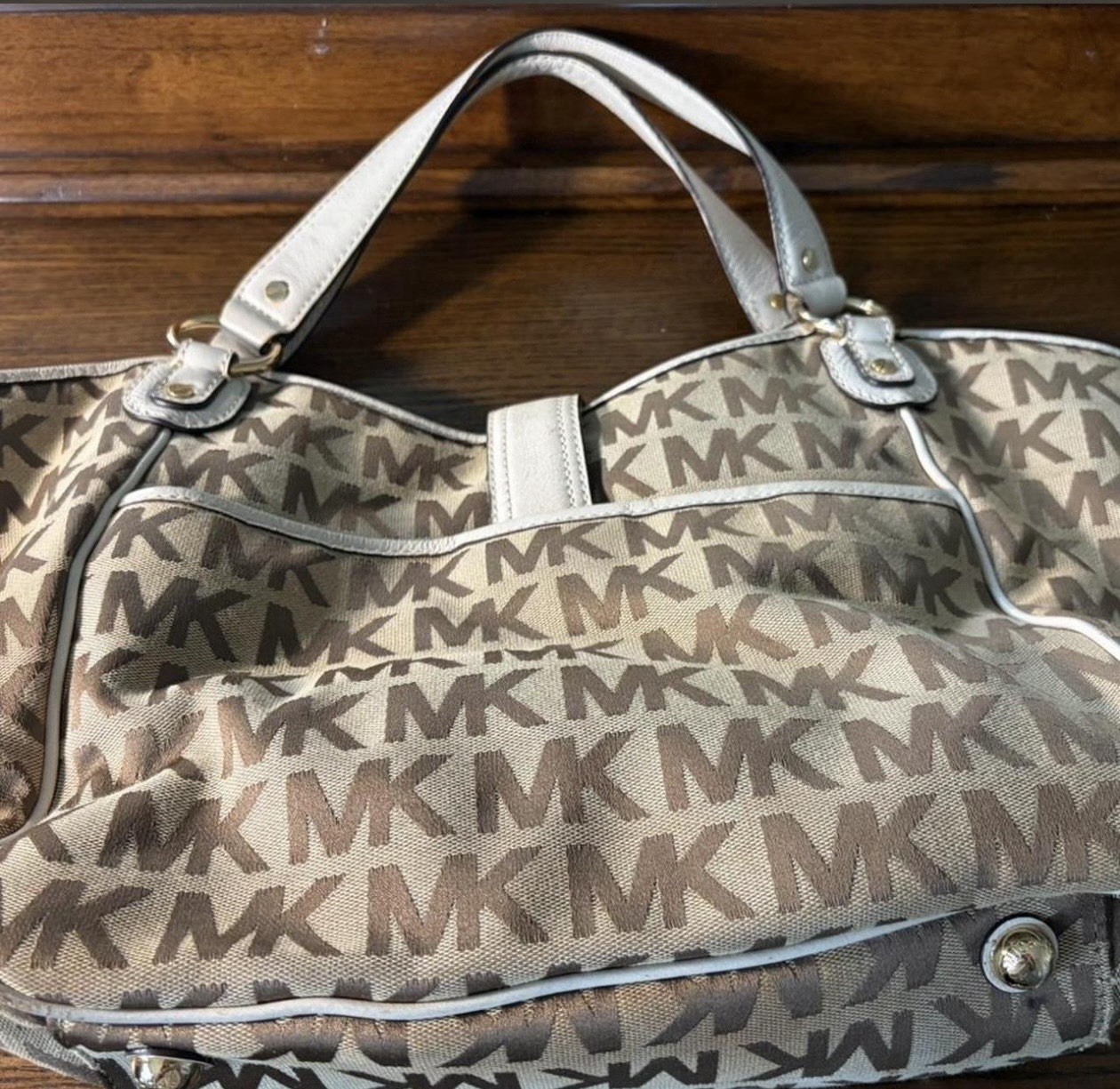 Michael Kors Logo Satchel Beige/Brown/White, Buckle, Gold Hardware