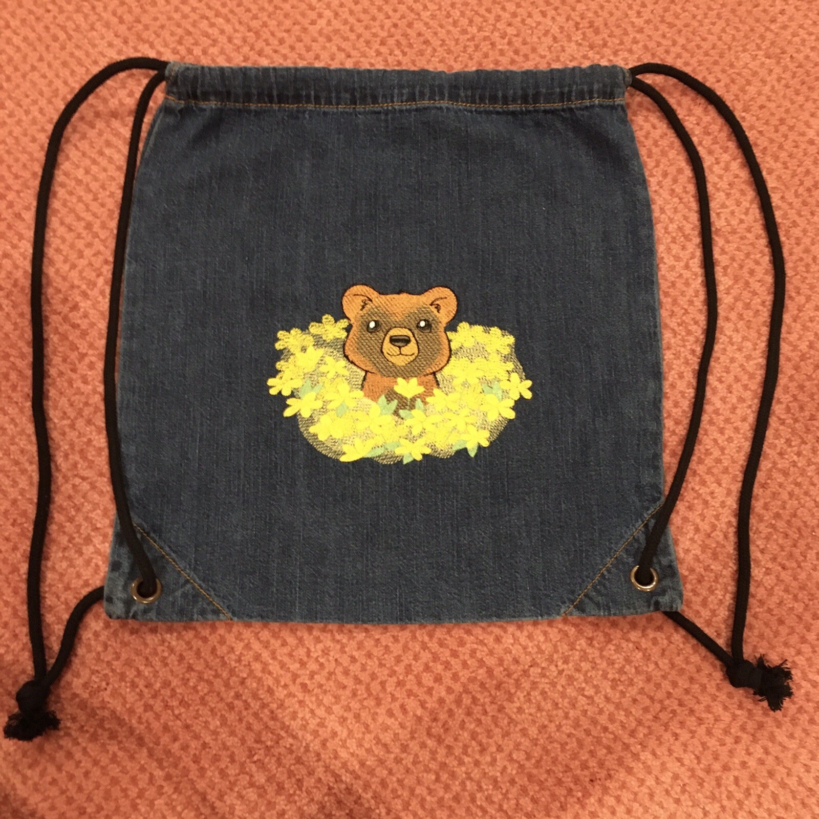 Bear Cub Yellow Spring Flowers Embroidered Drawstring Denim Backpack Cinch Sack