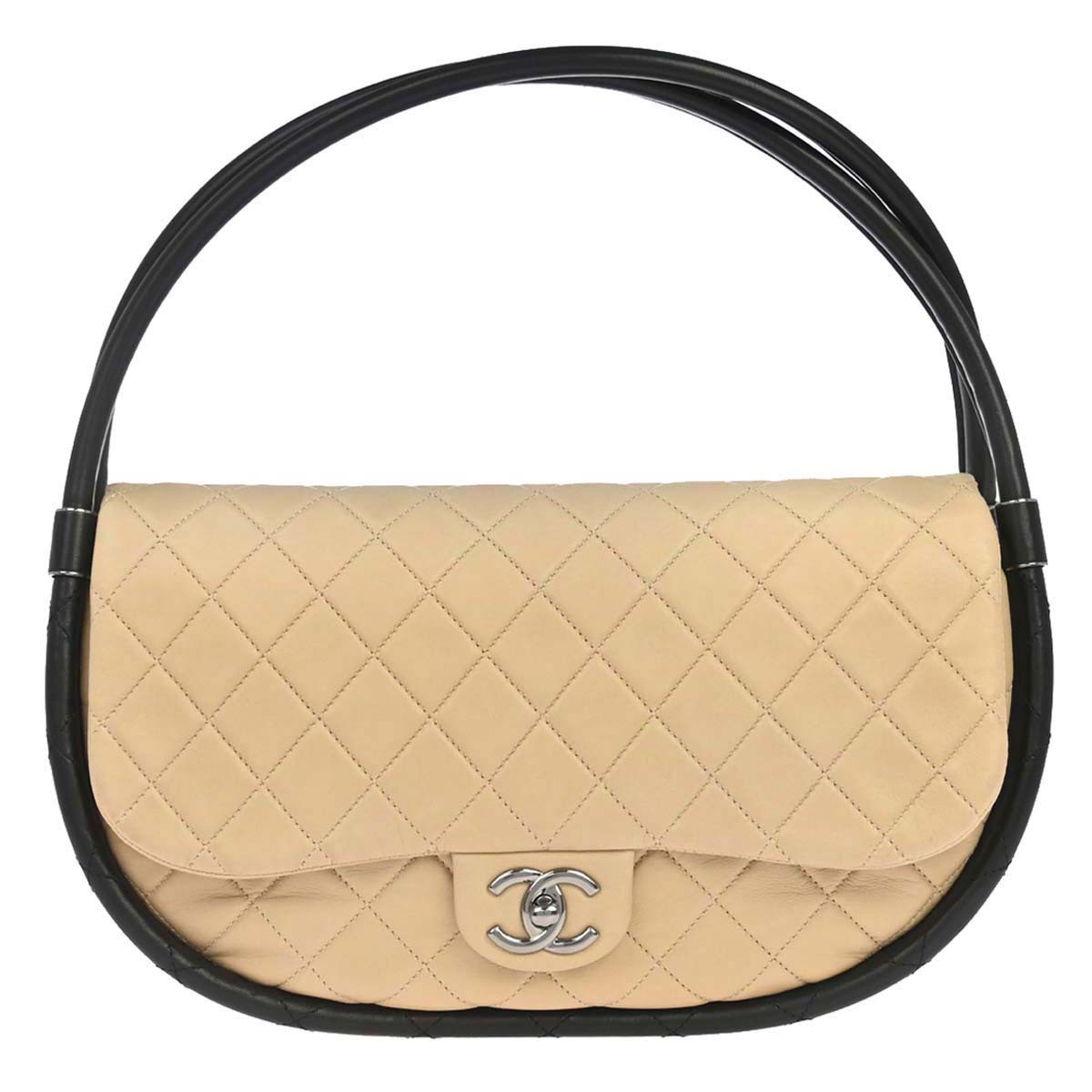 Chanel Beige Black Lambskin Hula Hoop Large Handbag 179347