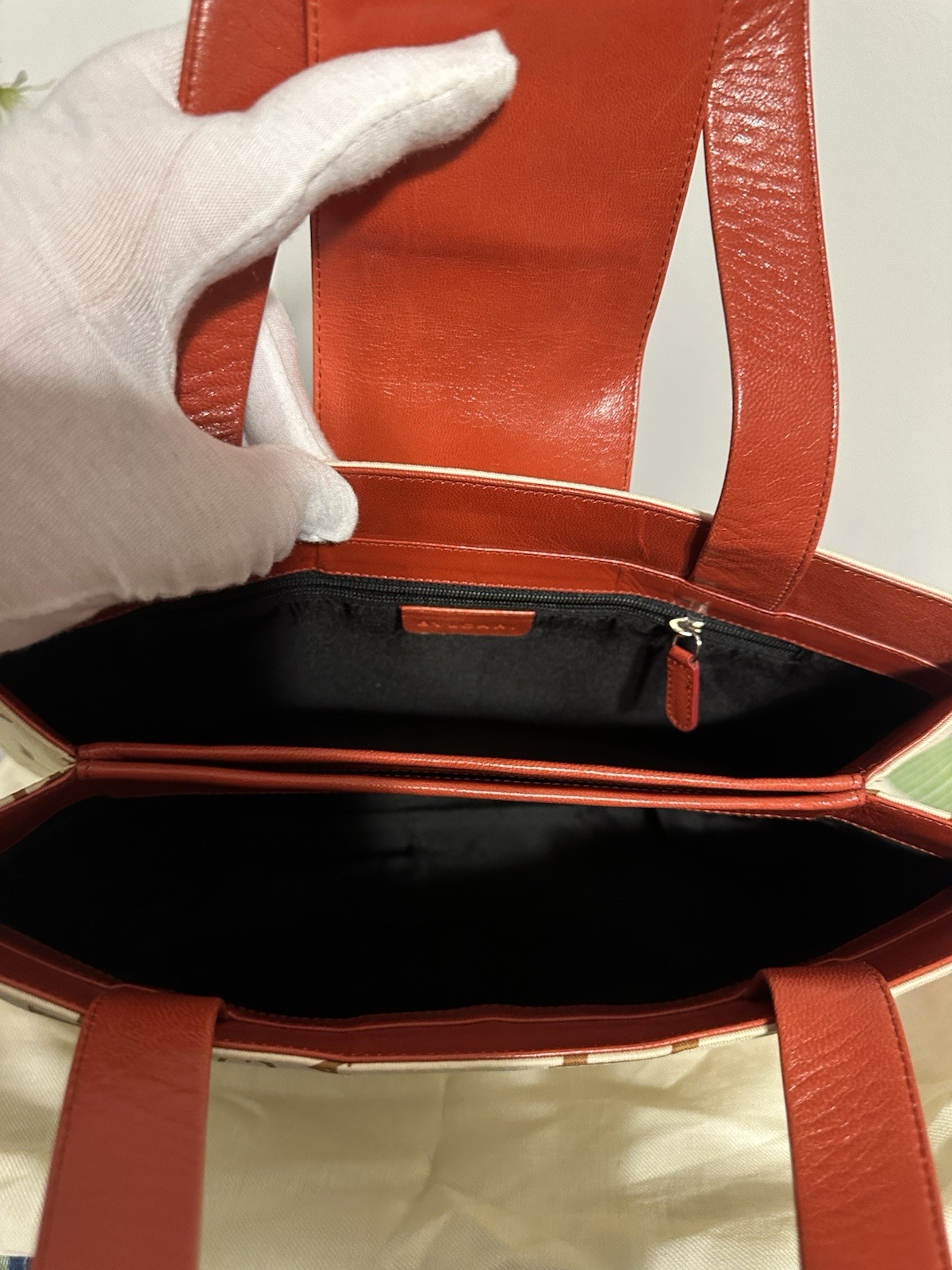 BVLGARI Beige/Brown Logo Shoulder Bag, Red Leather Strap, Zip, Silver HW