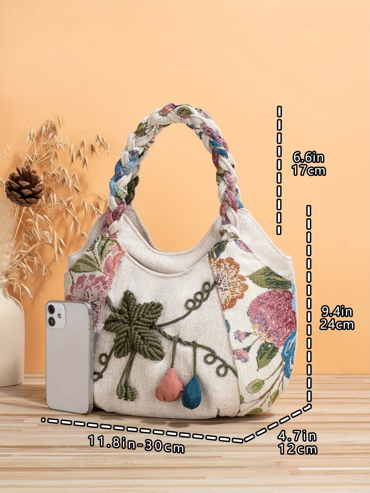 Floral Embroidered Cotton linen multi-compartment Handbag |