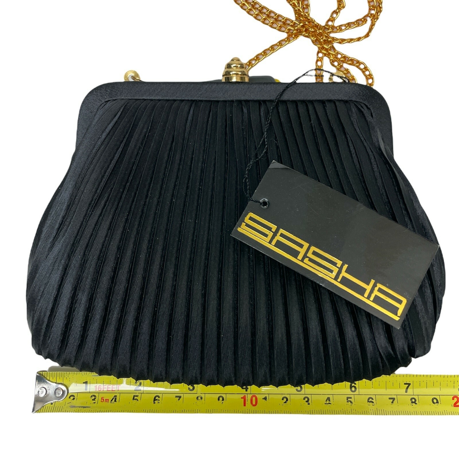 Women’s Formal Small Black Snap Close Purse Gold Color Strap Chain Ribbed — NWT
