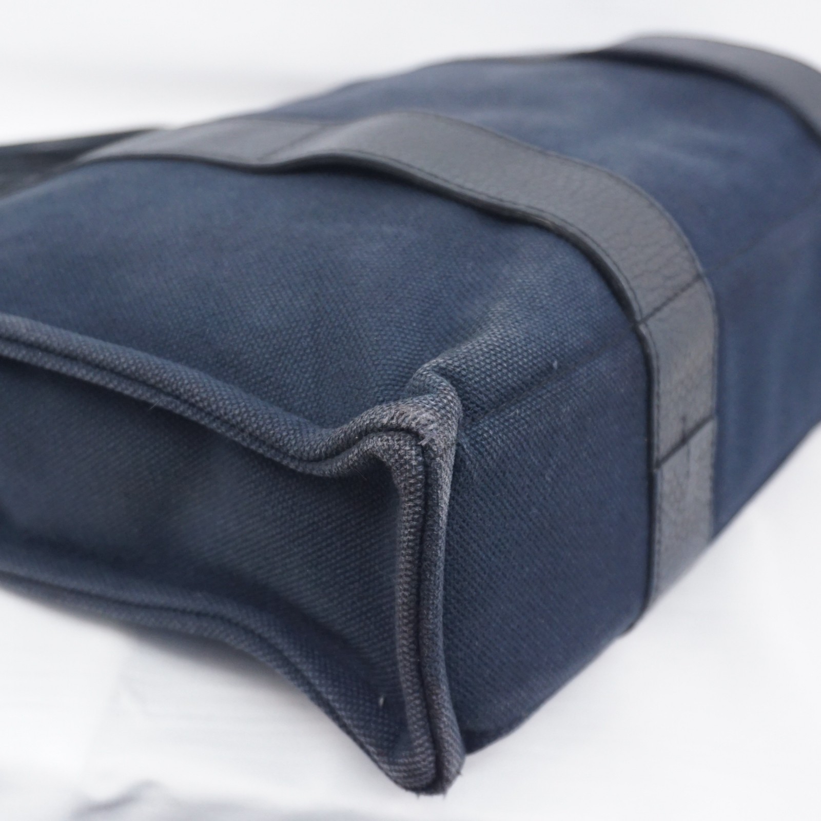 HERMES Sac Harnais MM Tote Handbag Canvas Leather Dark Navy B26H553