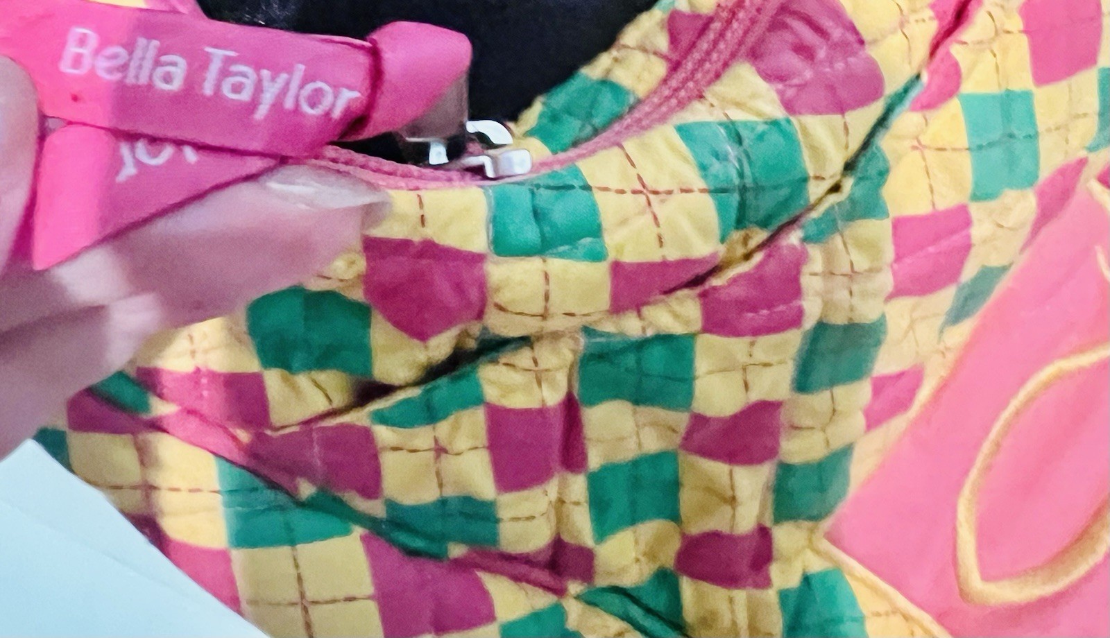 BELLA TAYLOR Bag. Green,yellow, Pink Quilted, Diamond Pattern Shoulder Strap.