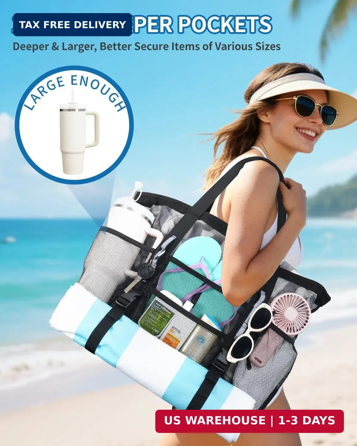 WANDF Mesh Beach Bag for Women, Large Beach Tote Bags with 40oz Tumbler Side Poc