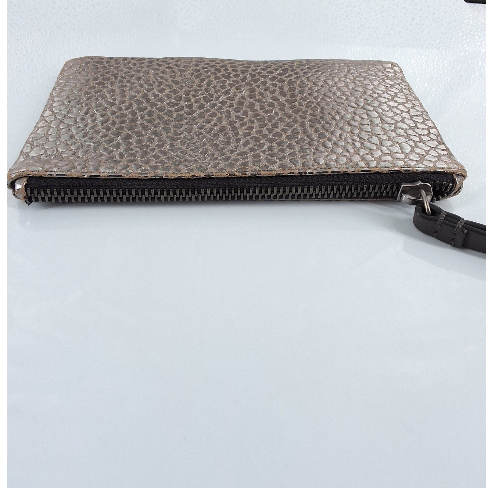 Brunello Cucinelli Metallic Bronze Pebble Leather Wristlet Pouch Zip Clutch