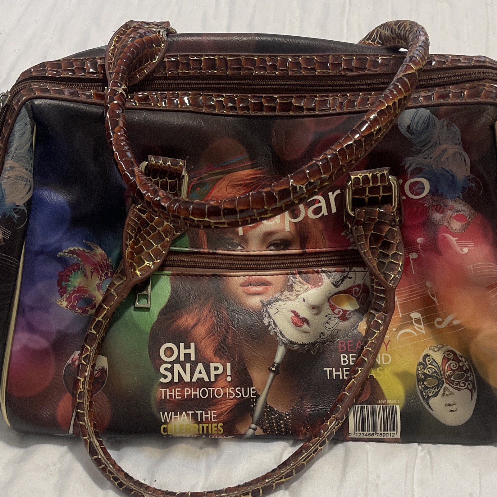 Women’s Multicolor Graphic Print Satchel Top Handle Zip Studded Silver Pockets