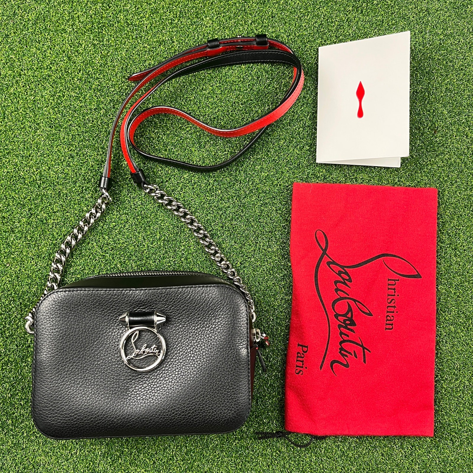 Christian Louboutin Paloma Empire Black Calfskin Leather Crossbody Bag Red Strap