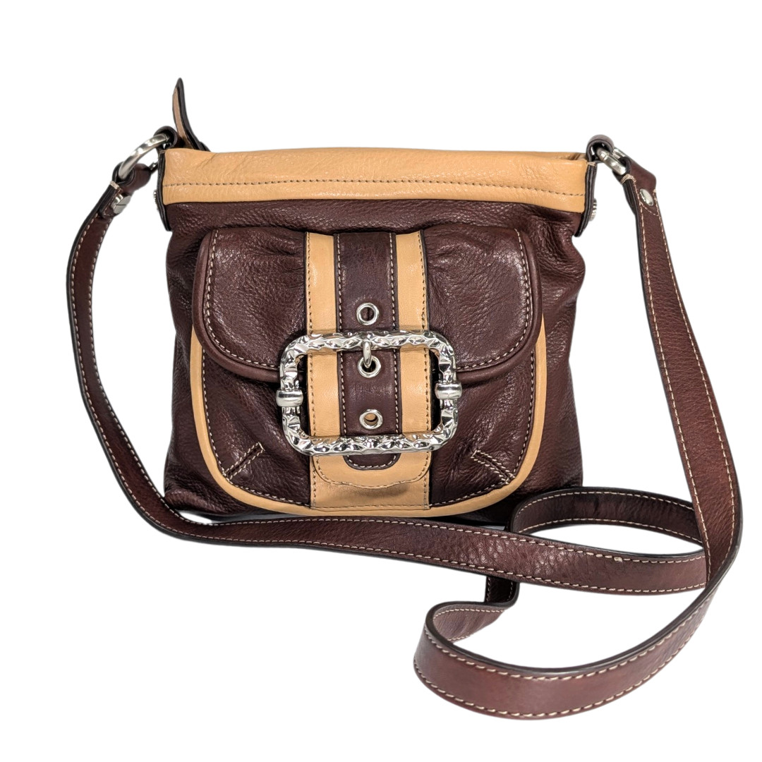 b.makowsky Brown Tan Leather Color Block Chunky Buckle Zip Crossbody w/Pockets