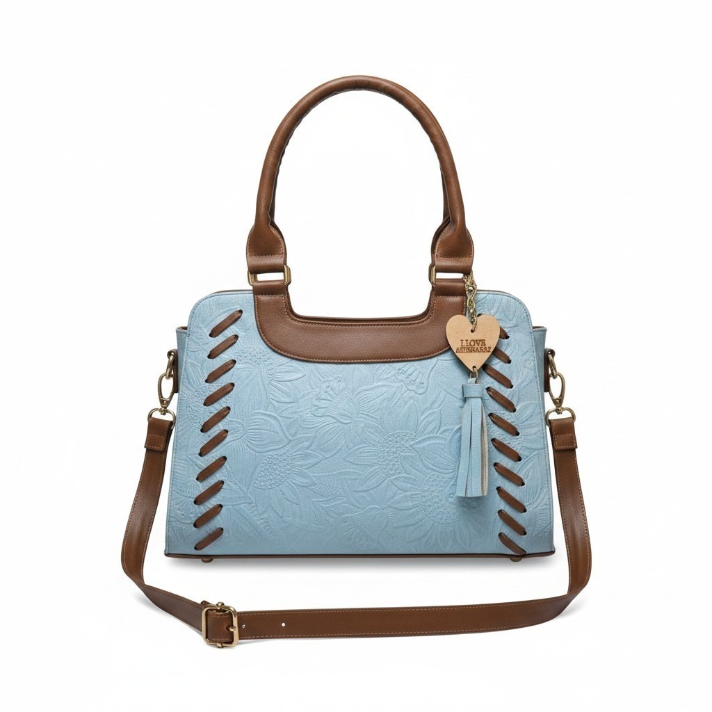 Baby Blue Brown Floral Stitched Embossed Tooled Artisan LEATHER Purse Crossbody