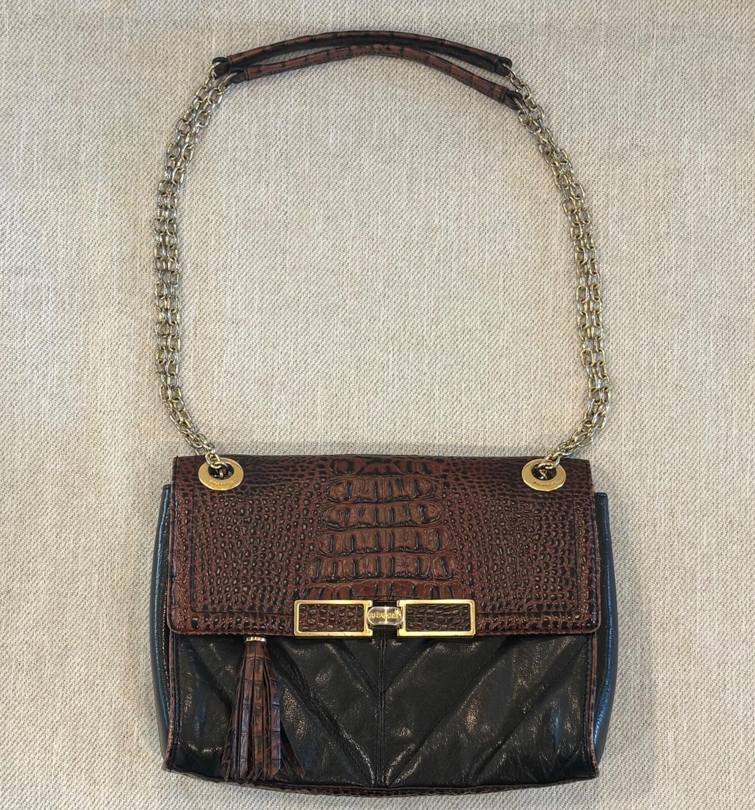 Brahmin Harrison Mixed-Media Shoulder Bag Pecan Melbourne Croc-Embossed Leather