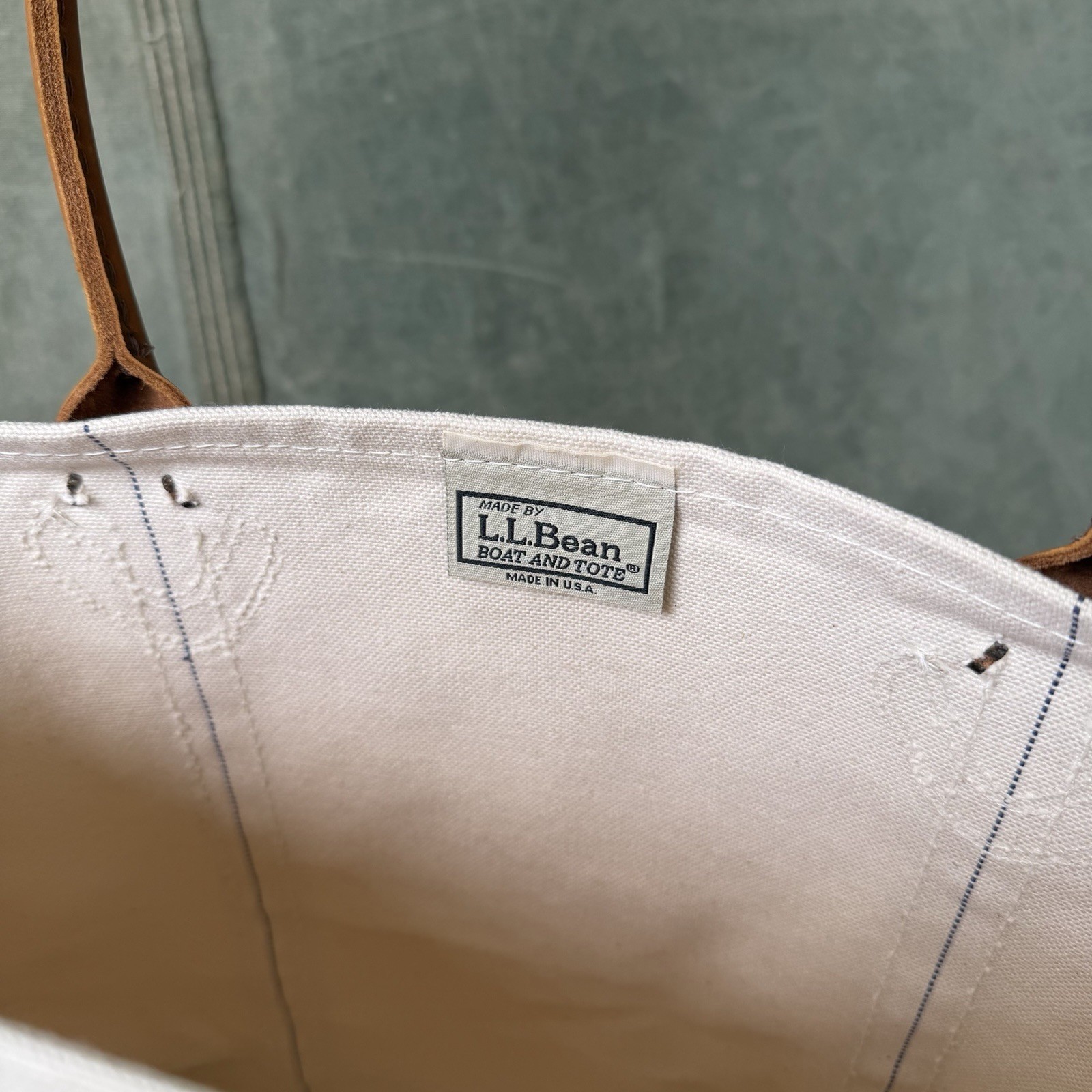 1990s LL Bean Leather Handle Boat And Tote Custom Embroidery Pistachio Vtg Stiff