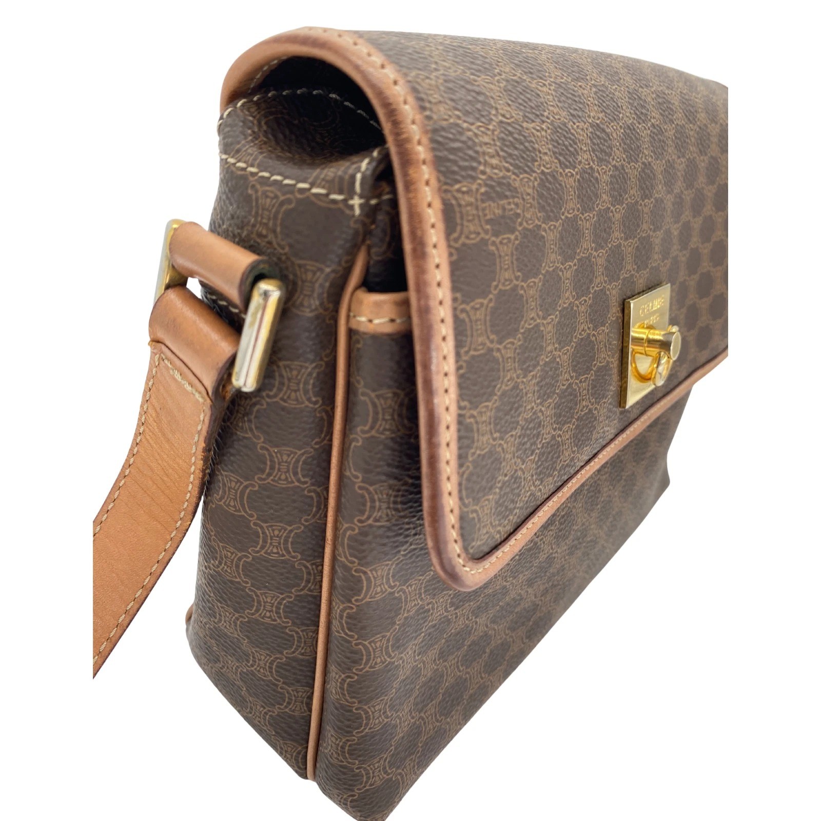 CELINE Vintage Shoulder Bag Macadam Circle Hardware PVC Leather Brown Authentic