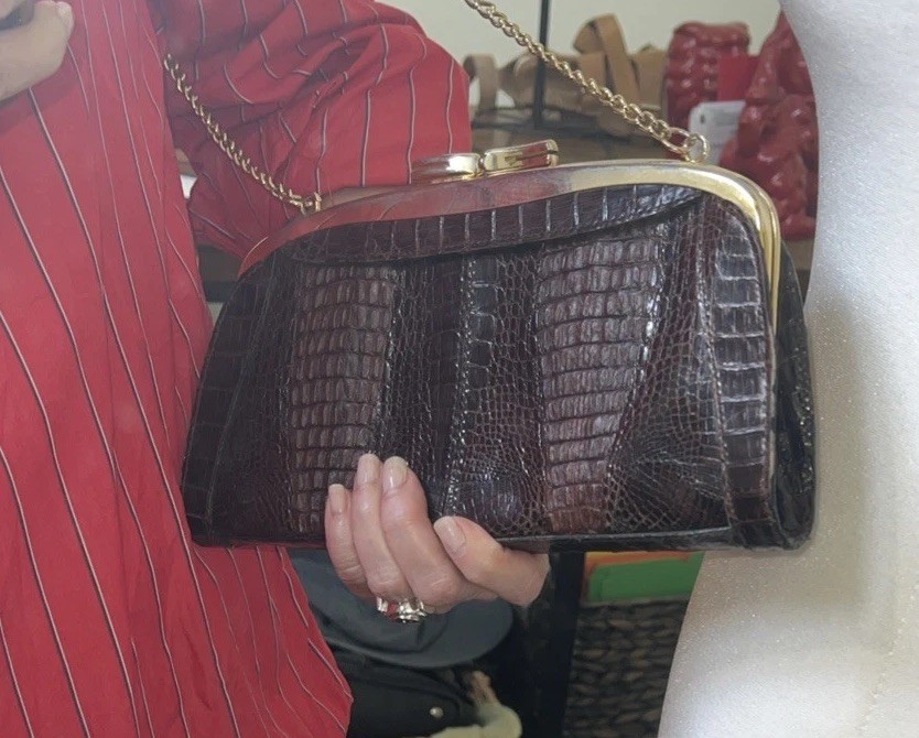 Vtg Montse Esteve genuine Baby Croc clutch handbag with gold chain strap Mint!
